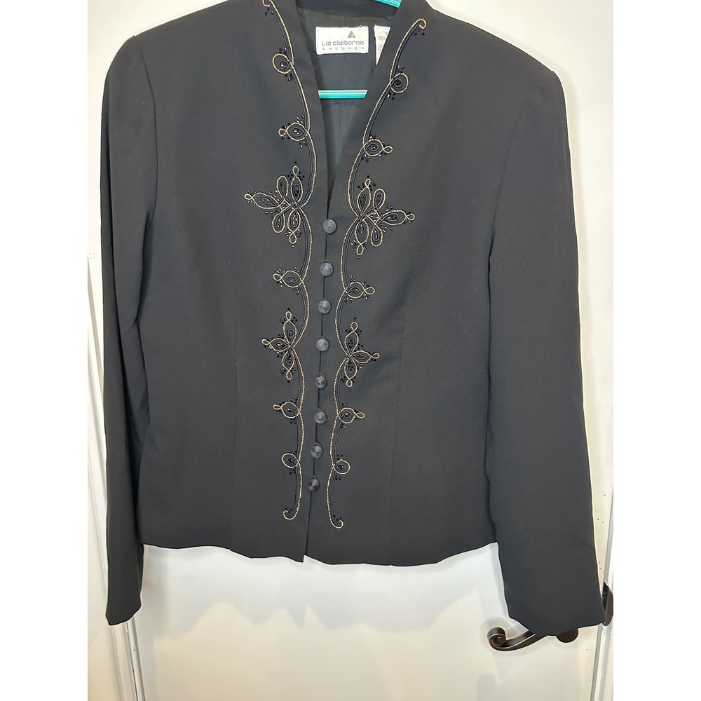 Liz Claiborne Black Evening Jacket Gold Soutache Beaded Embroidered Size 4